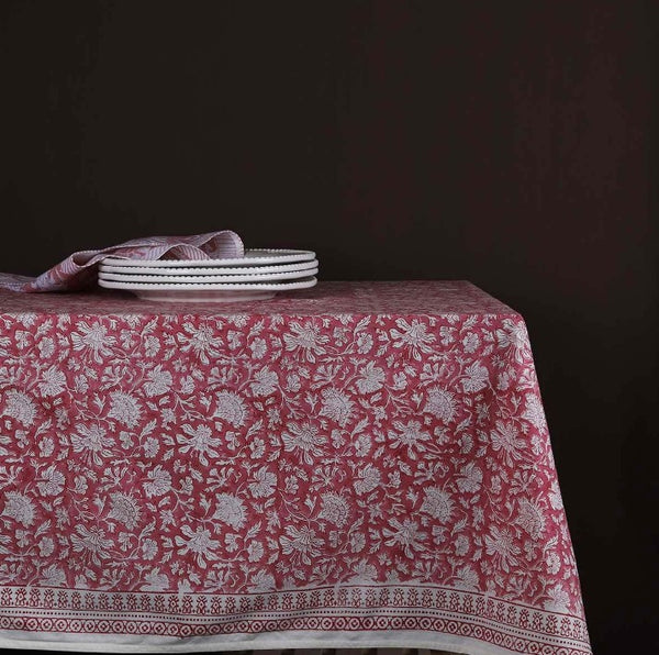 Cotton Hand Block Printed Tablecloth In Pink Floral