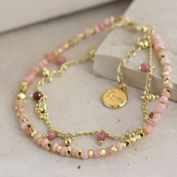 Peace of Mind Bracelet - Gold Plated Pale Pink Bead With Chain