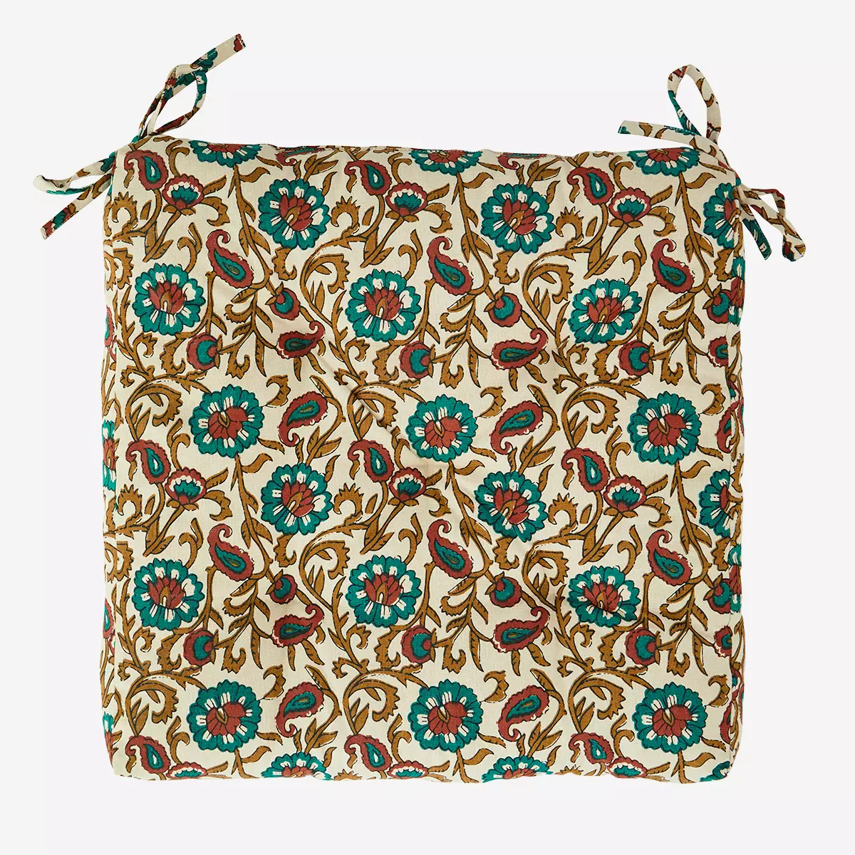 Beige and Green Cotton Printed Seat Pad