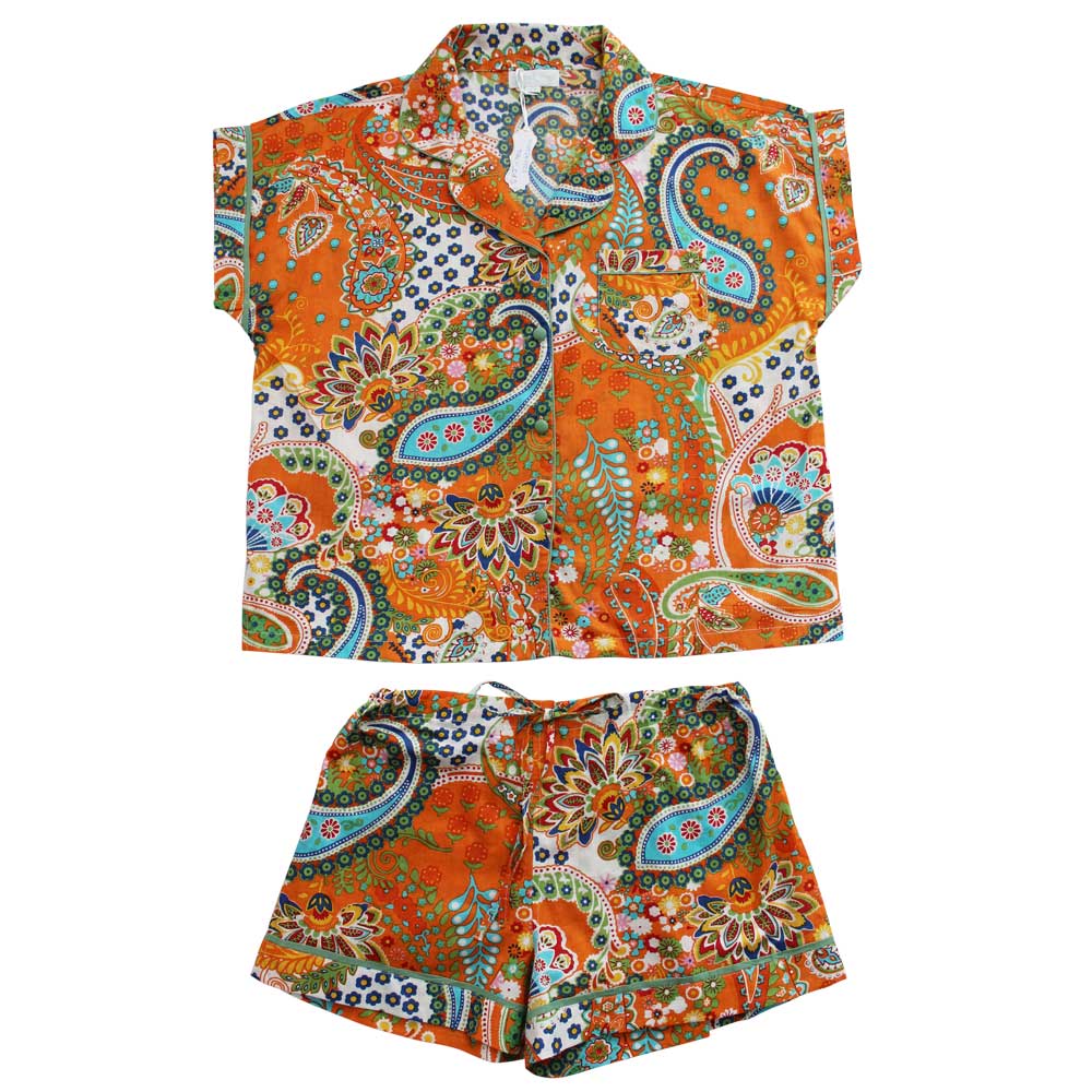 Ladies Orange Paisley Print Cotton Short Pyjama Set