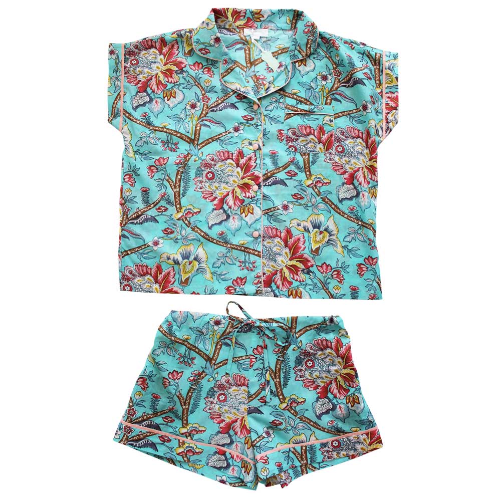Ladies Blue Orchid Print Cotton Short Pyjama Set