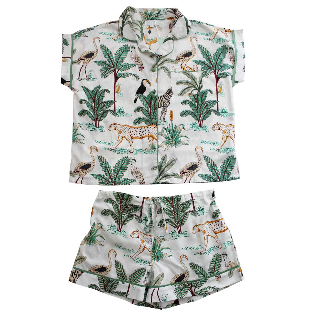 Ladies Cream Safari Print Cotton Short Pyjama Set