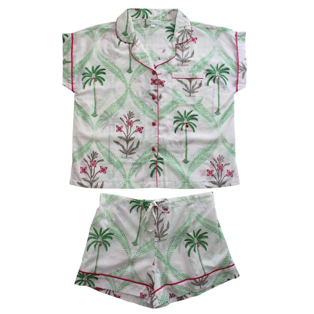 Ladies Floral Pink Palm Tree Print Cotton Short Pyjama Set