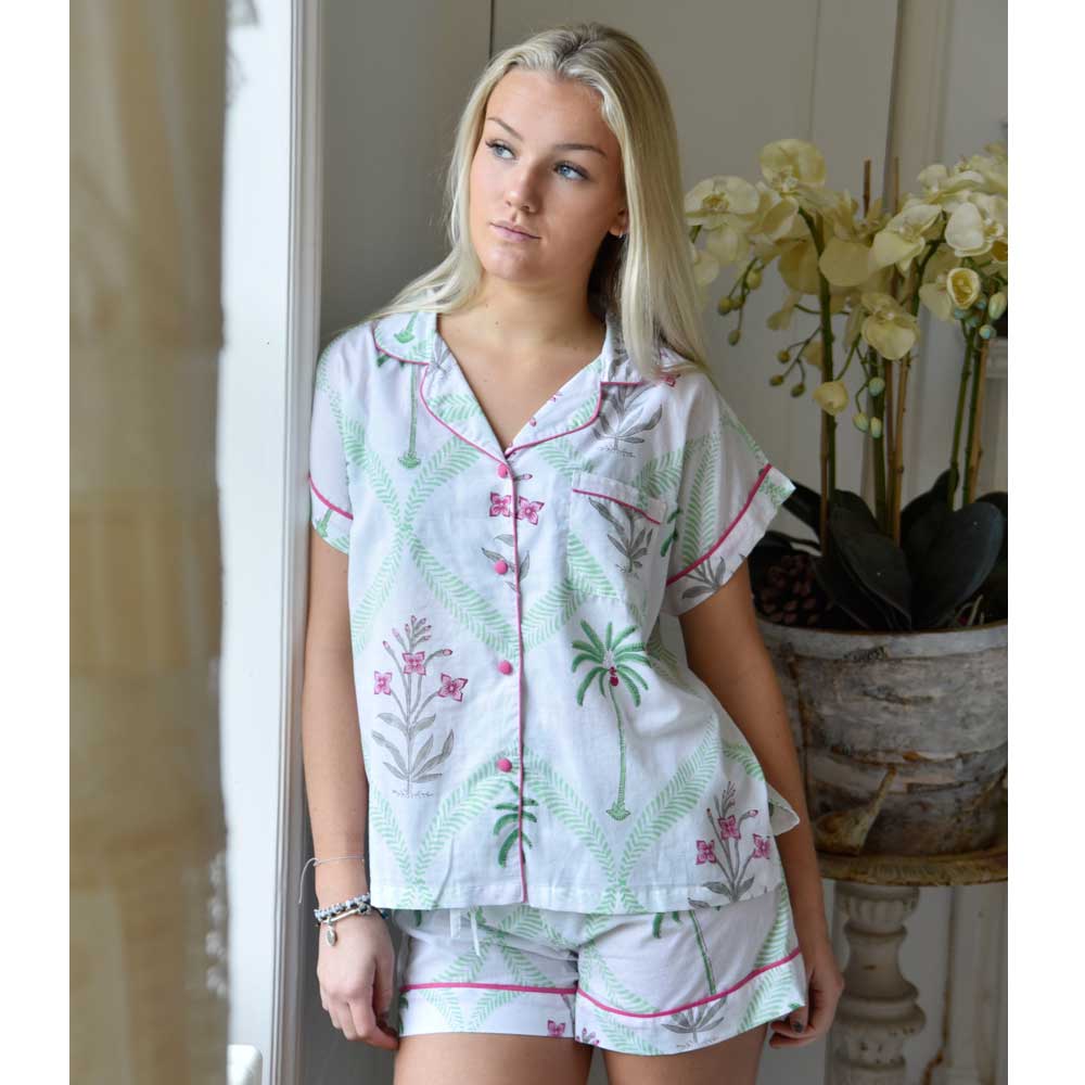 Ladies Floral Pink Palm Tree Print Cotton Short Pyjama Set CH8501