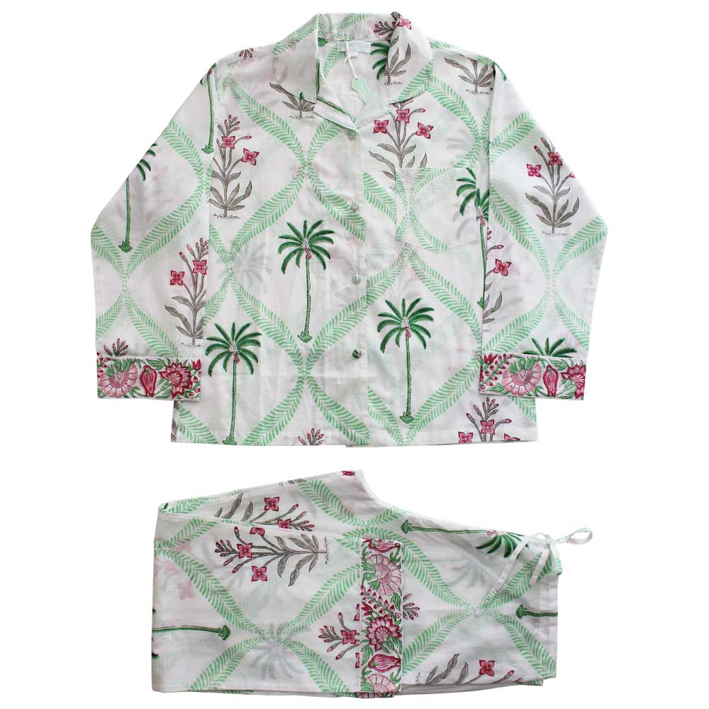 Ladies Floral Pink Palm Tree Print Cotton Pyjamas