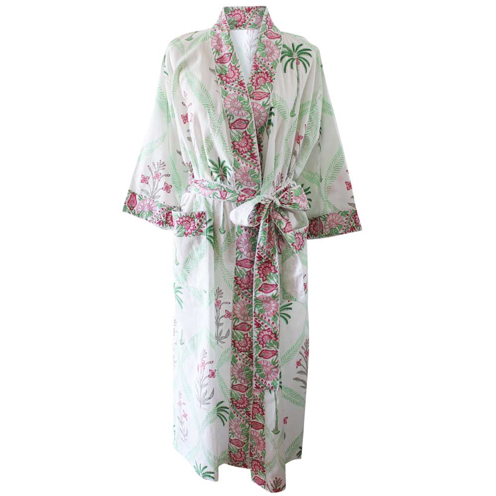 Ladies Floral Pink Palm Tree Print Cotton Dressing Gown