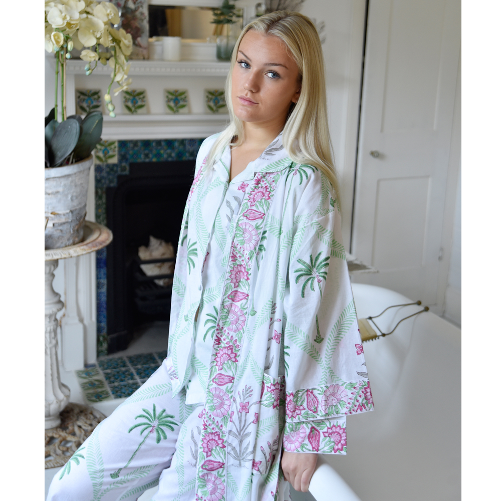 Ladies Floral Pink Palm Tree Print Cotton Dressing Gown CH8235