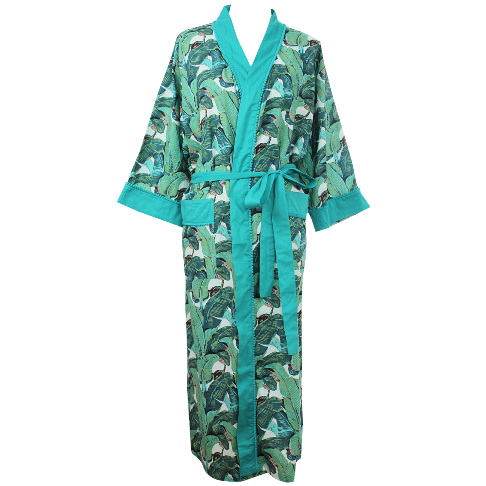 Ladies Green Leaf Print Cotton Dressing Gown