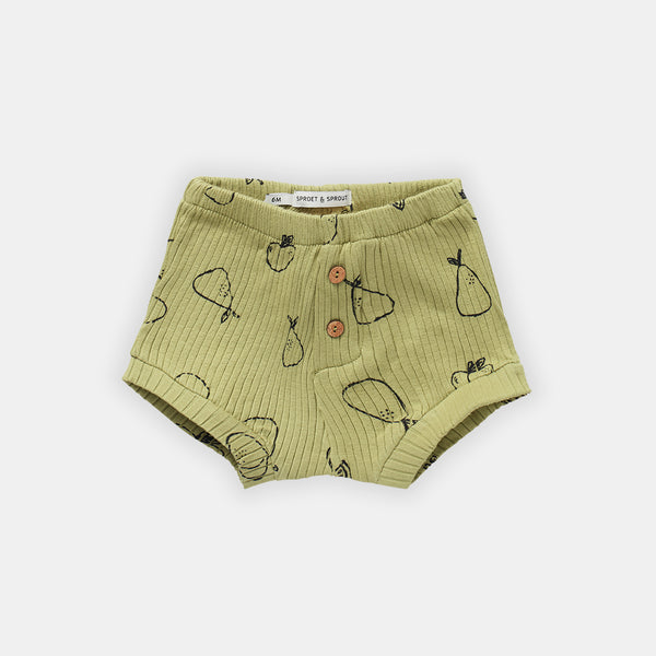 Olive Green Tutti Frutti Print Baby Rib Shorts