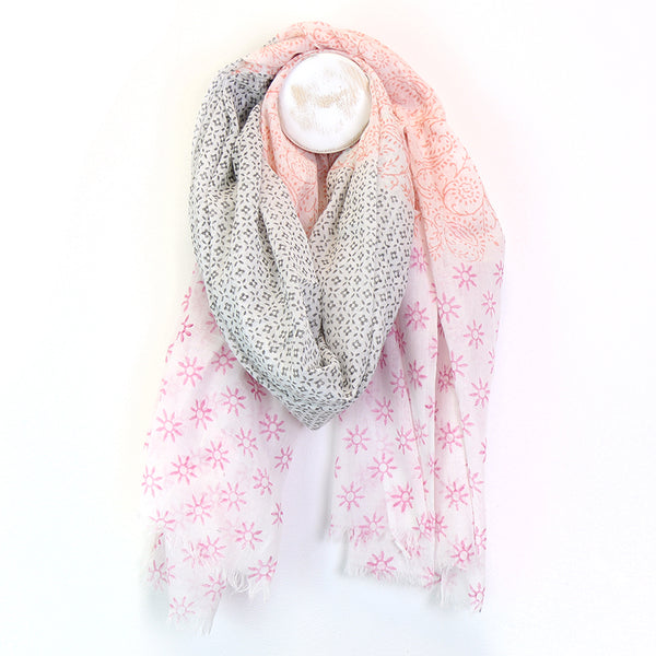 100% Cotton Pink/ Grey/ White Scarf