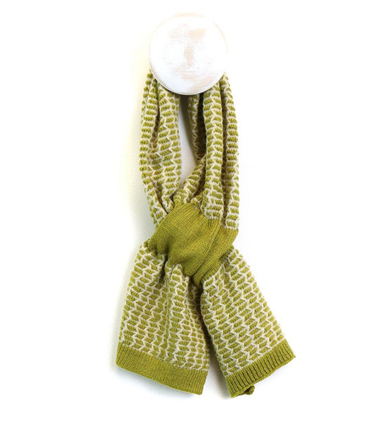 Lime/ecru Knitted Scandi Pattern Short Pull Through Scarf