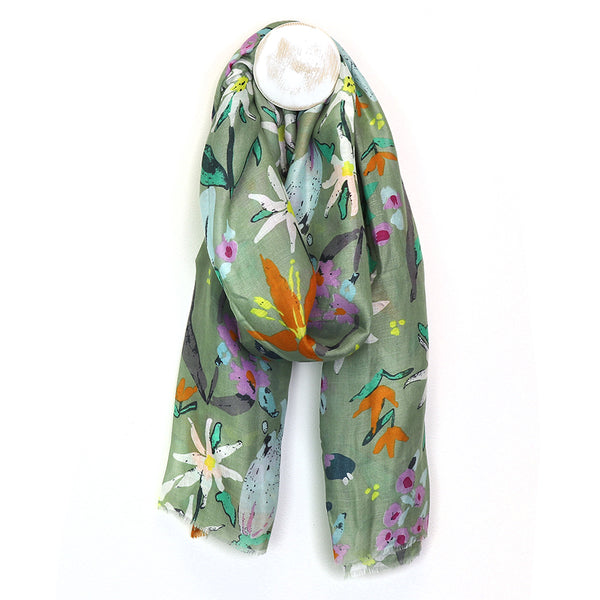 Green Mix Painted Garden Flower Print Scarf