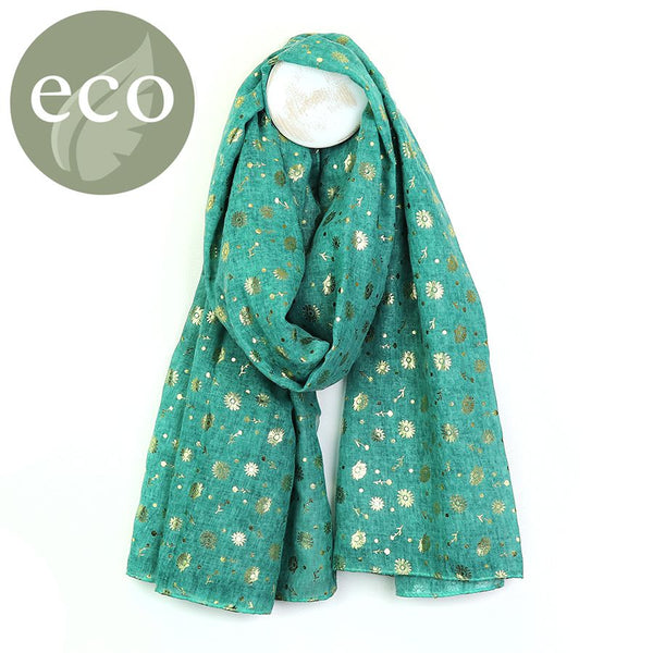 Washed Finish Green Scarf With Foil Daisy Print Scarf