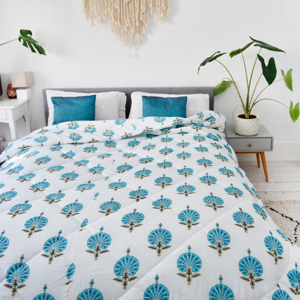 Powell Craft Aqua Shell Print Cotton Indian Bed Quilt
