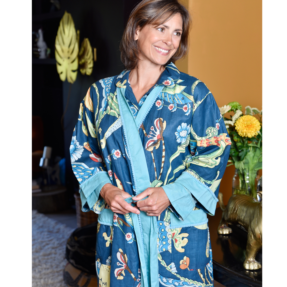 Blue Floral Exotic Bird Print Cotton Dressing Gown CH7766