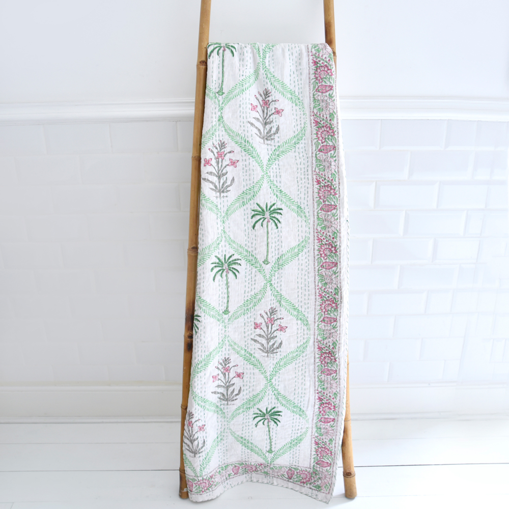 Powell Craft Floral Pink Palm Tree Print Kantha Throw