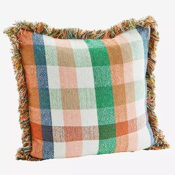 Checked Cushion With Fringes Sorbet Multi