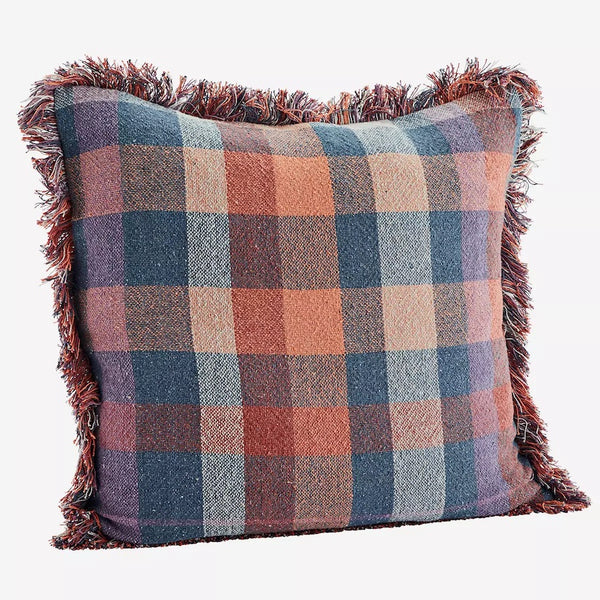 Checked Cushion Cover With Fringes Blue Multi