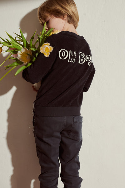 LOVE kidswear Tao Sweater In Dark Blue Terry Jersey With Oh Boy Embroidery For Kids