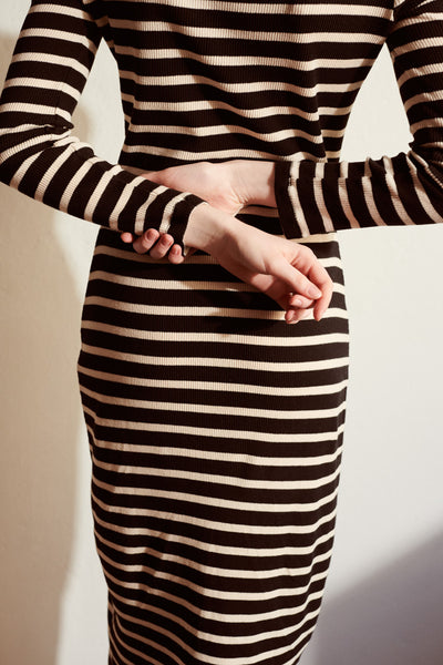 LOVE kidswear Erin Dress In Black / Cream Striped Rib Jersey For Women
