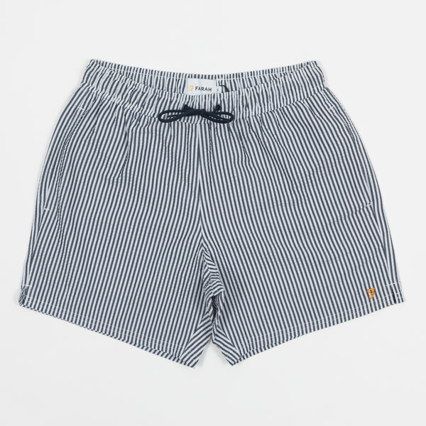 Colbert Seersucker Striped Swim Shorts In True Navy