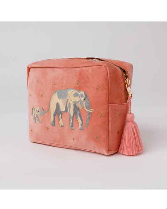 Elephants Coral Velvet Wash Bag