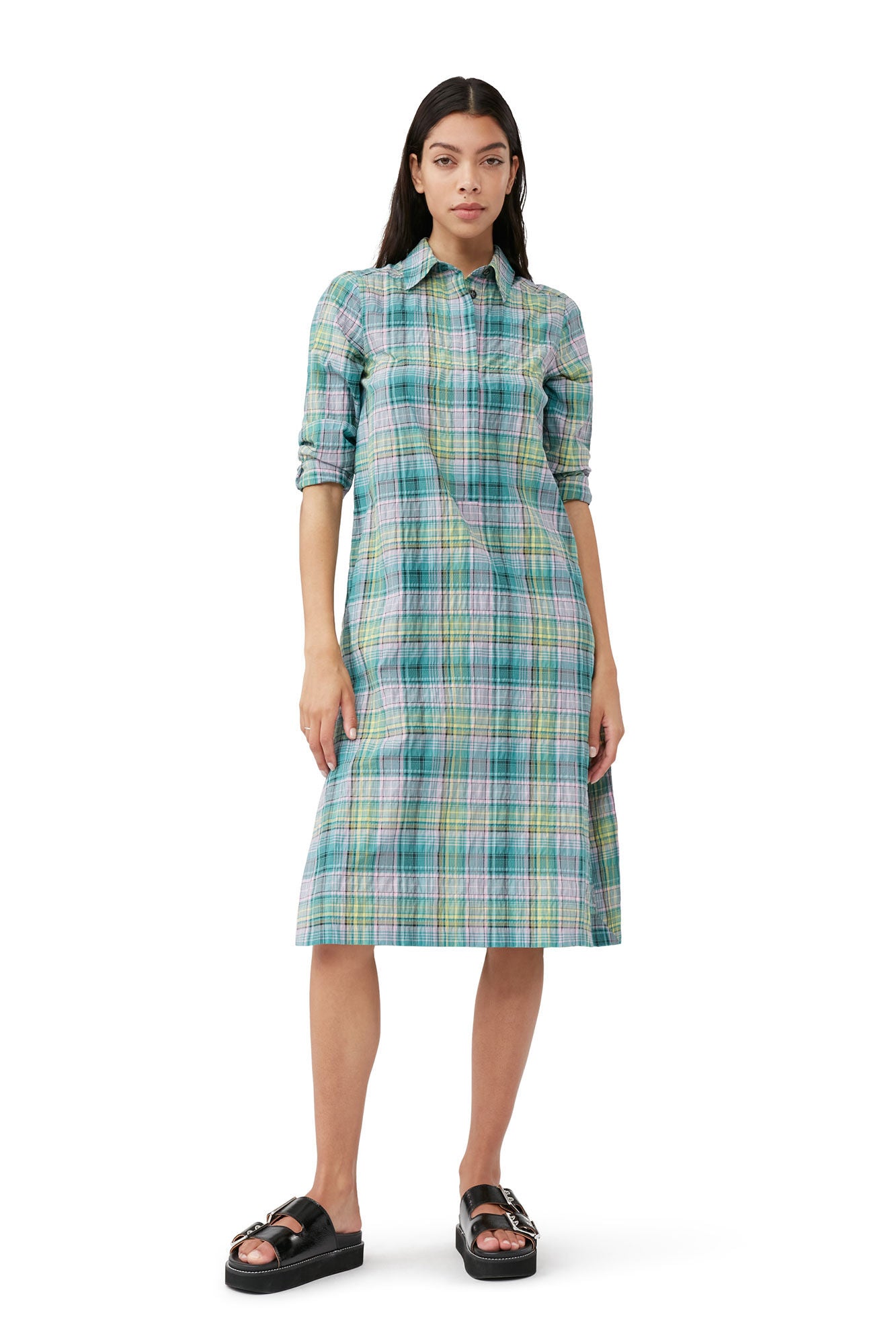 - Seersucker Check Shirt Dress - Lagoon