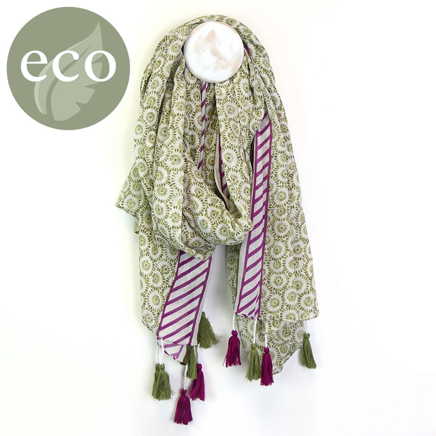 White Cotton Scarf with Olive Dotty Circle and Purple Stripe Print