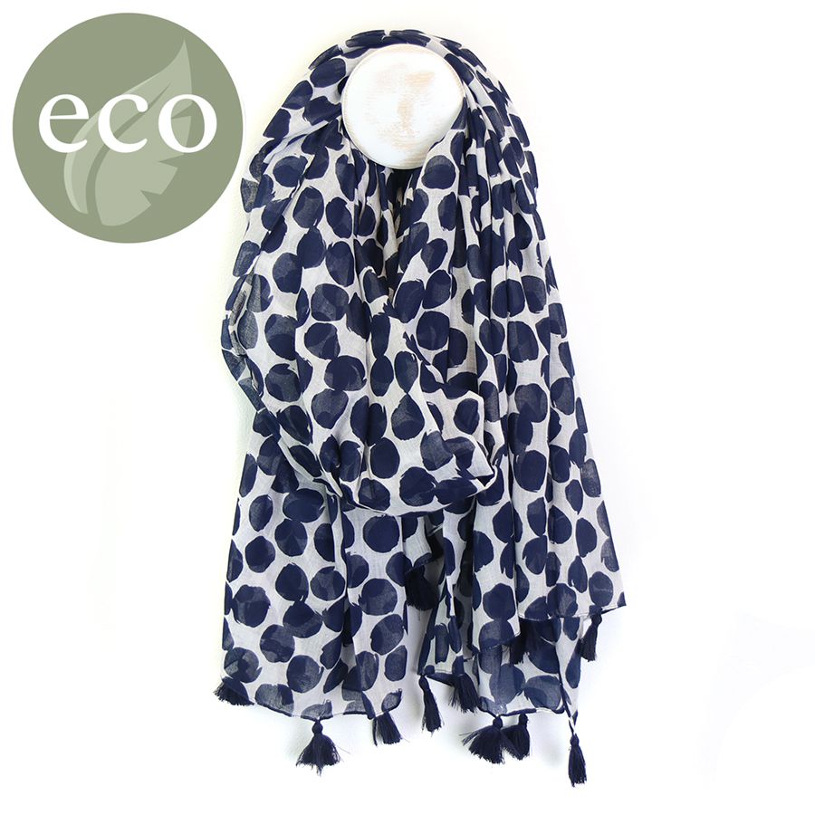 White Cotton Scarf with Navy Organic Spot Print