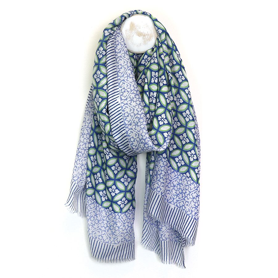 Blue and Green Mix Repeat Geo Tile Printed Scarf