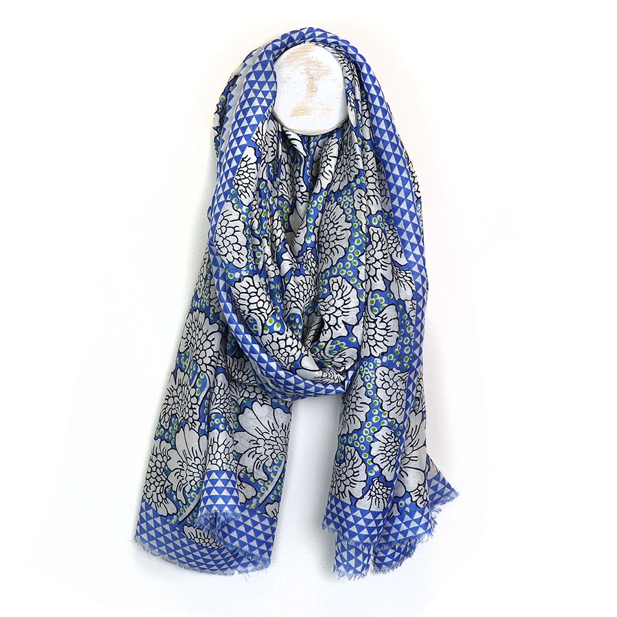 Blue Mix Ginkgo Leaf Triangle Border Scarf