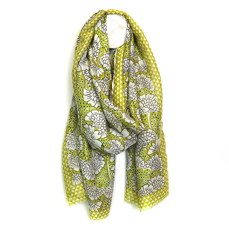 Lime Mix Ginkgo Leaf Triangle Border Scarf