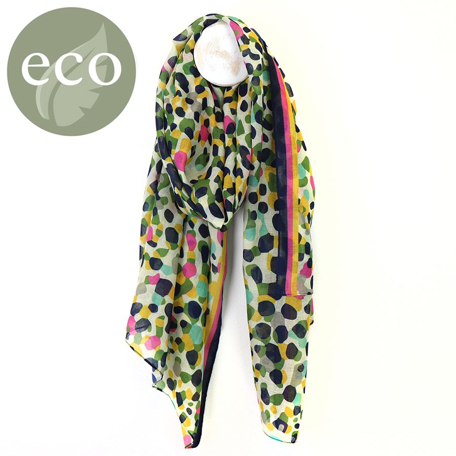 Khaki and Pink Mix Camo Printed Recycled Scarf with Navy Striped Border