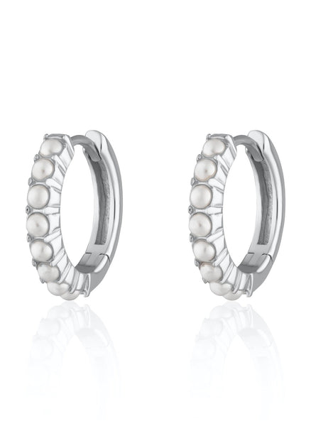 Large Pearl Huggie Hoop Earrings - Sterling Silver