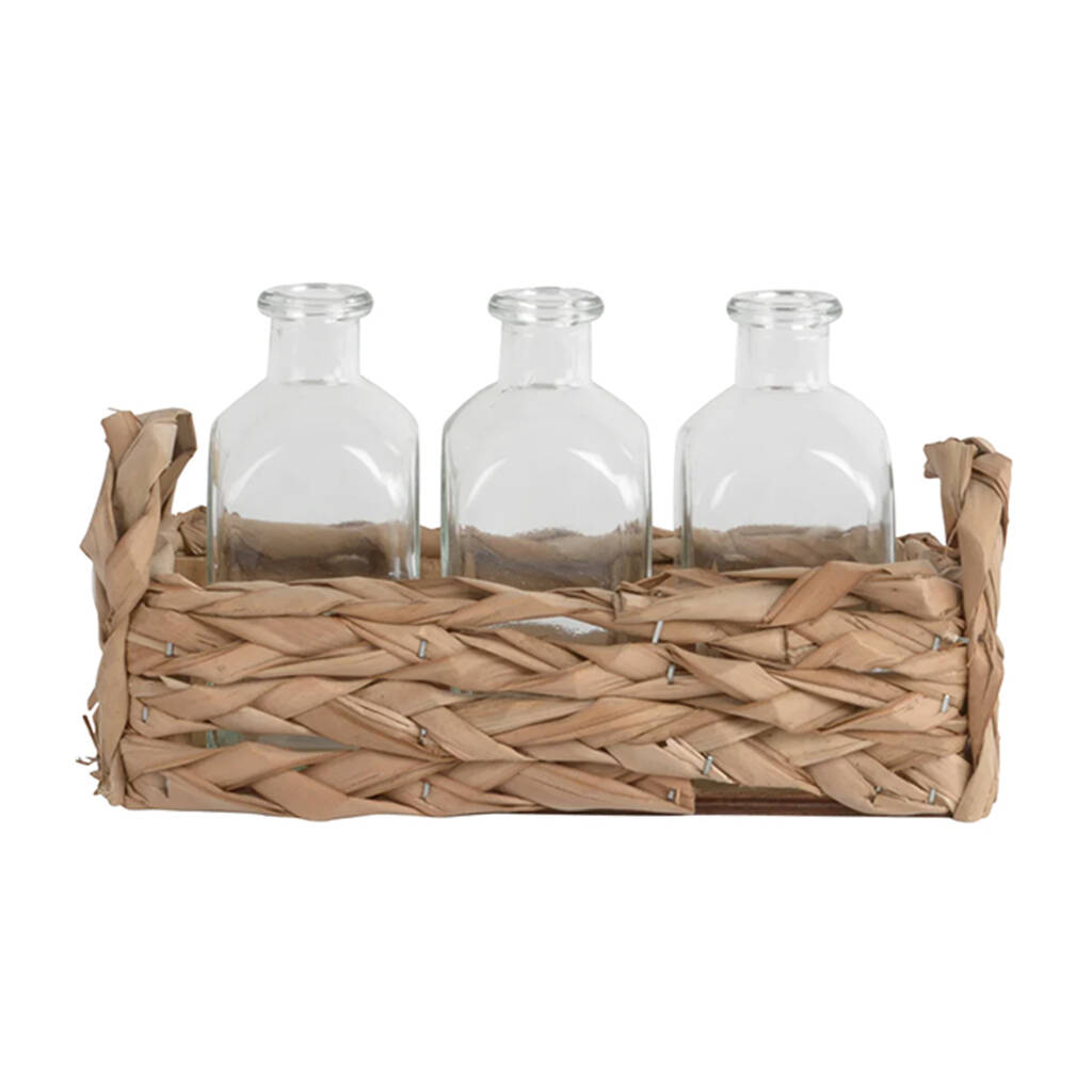 Three Glass Bud Vases in a Straw Basket