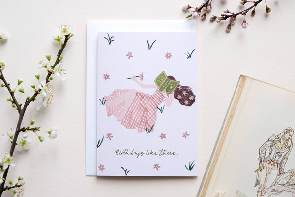 'reading Girl' Gingham Girly Birthday Card