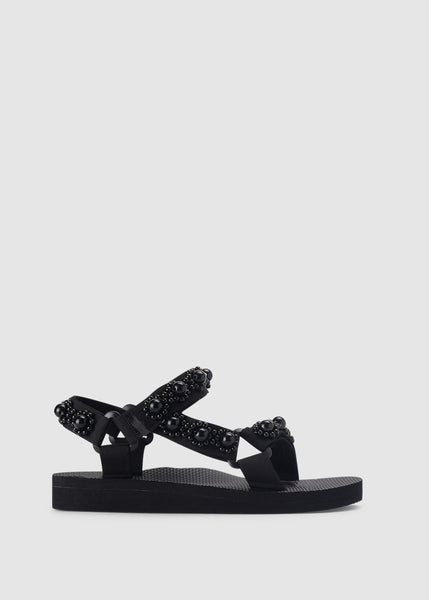 Arizona Love Womens Trekky Pearl Flower Embellished Sandal In Black