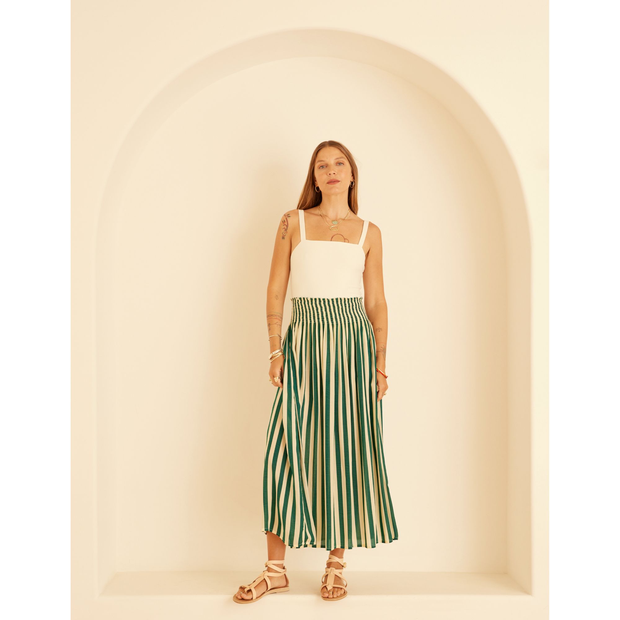 Bella Skirt in Thick Stripe Ivory/Green