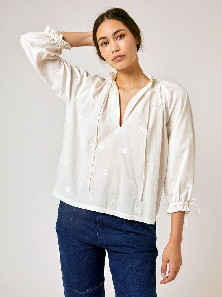 Joss Top in White Embroidered