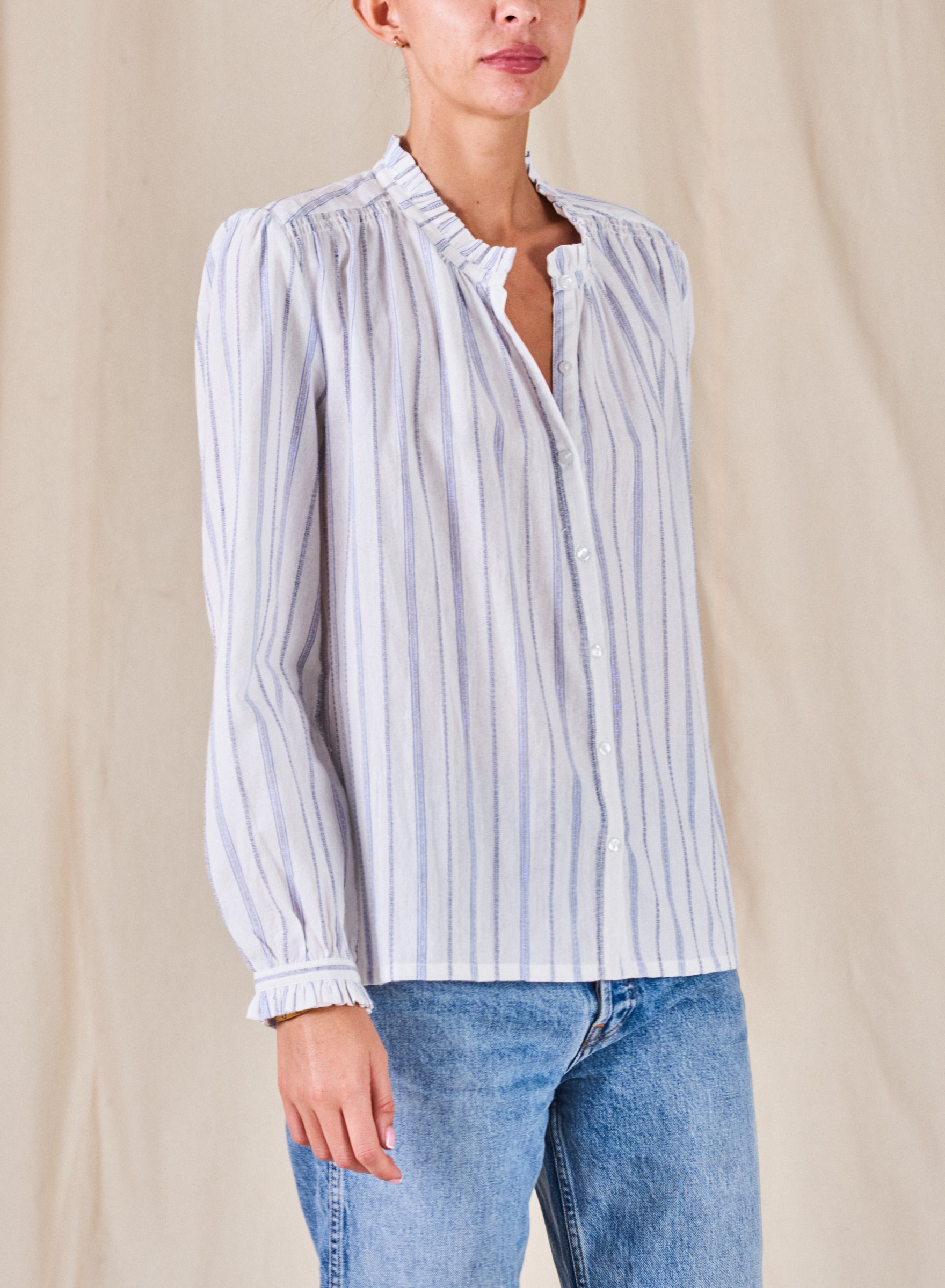 Mabe Chrissie Long Sleeve Top In White And Blue Stripe