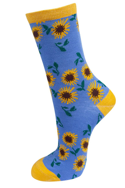 Msh - Women's Blue & Mustard Sunflower Bamboo Socks