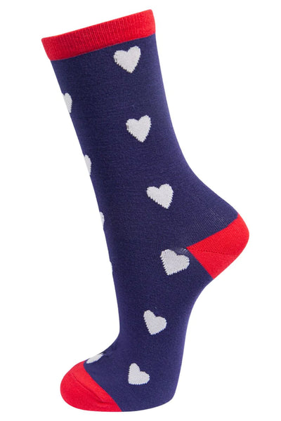 Msh - Women's Navy Blue & Red Hearts Bamboo Socks