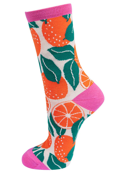 Msh - Women's Cream & Hot Pink Oranges Bamboo Socks