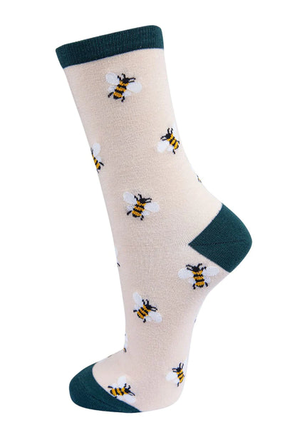 Msh - Women's Cream & Green Small Bee Bamboo Socks