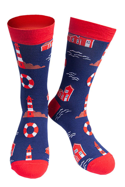 Msh - Men's Navy Blue & Red Lighthouse Bamboo Socks