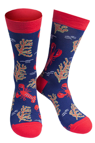 Msh - Men's Navy Blue & Red Lobster Bamboo Socks