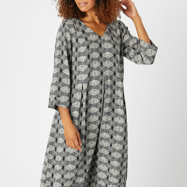 Swirl Print Bubble Dress - Black/hessian