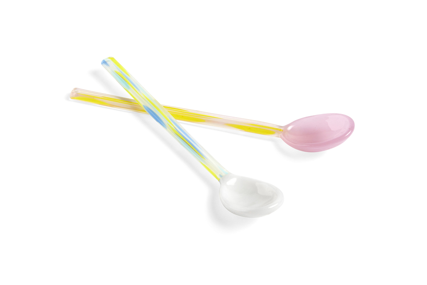 HAY Set of 2 Flat Light Pink and White Glass Spoons