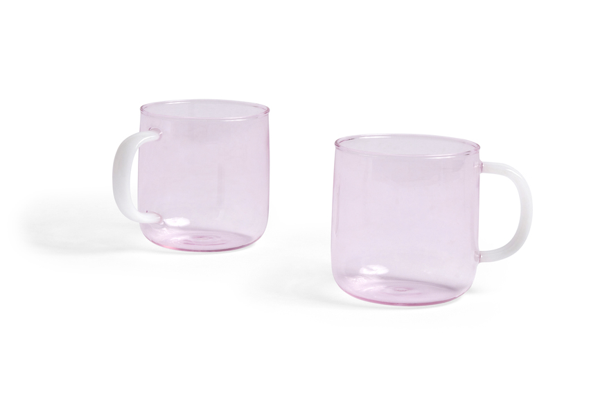 HAY Set of 2 Pink Borosilicate Mugs with White Handle