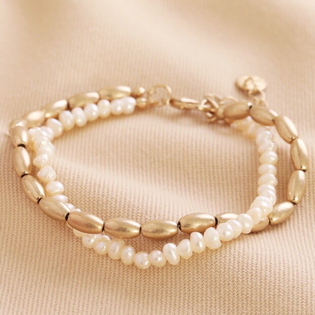 Pearl & Matt Bead Layered Bracelet In Gold